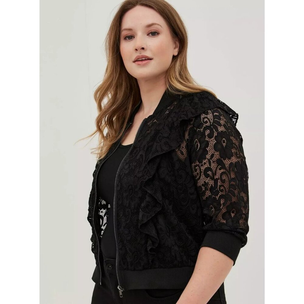 Torrid Ruffle Crop‎ Bomber - Lace Black 3/4 Sleeves NWT Full Zip Size 3 (3X)